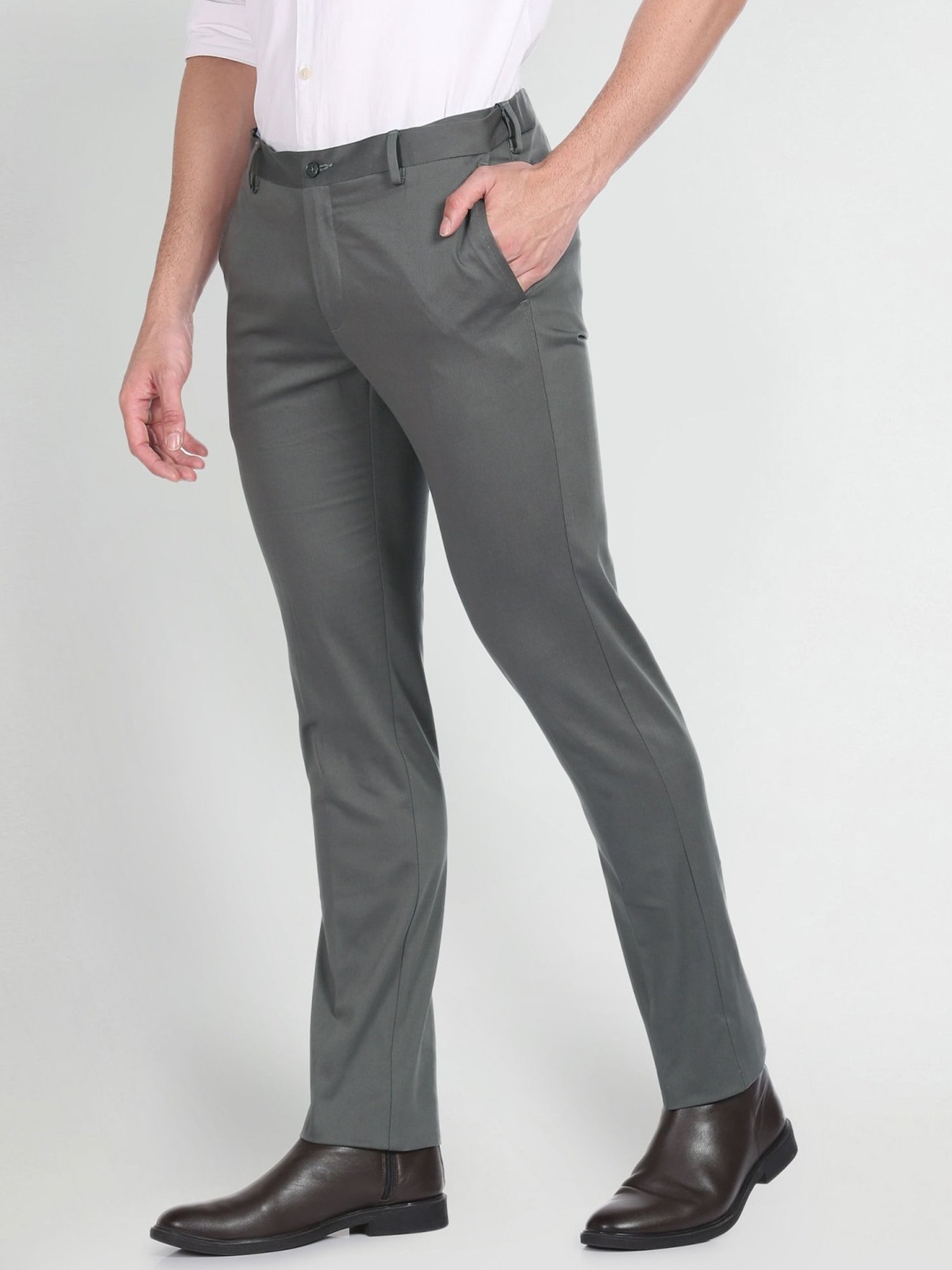 Arrow Green Cotton Slim Fit Trousers