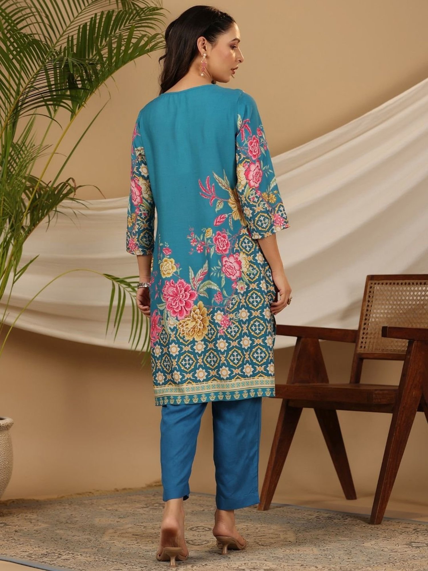 Juniper Blue Floral Printed Rayon Kurta Pants & Dupatta Set With Sequins Work