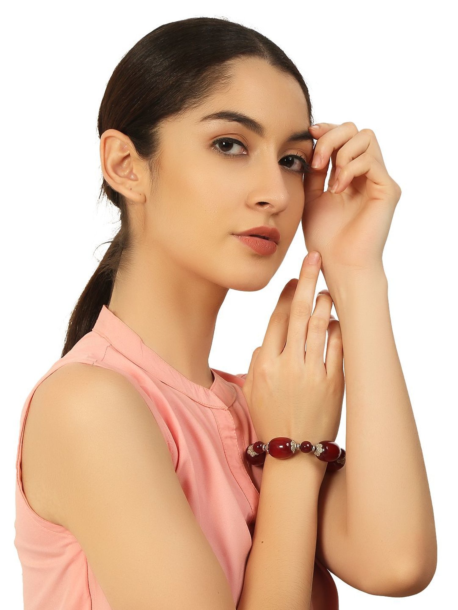 IMLI STREET Maroon & Silver Artificial Stone Stretchable Bracelet for Women