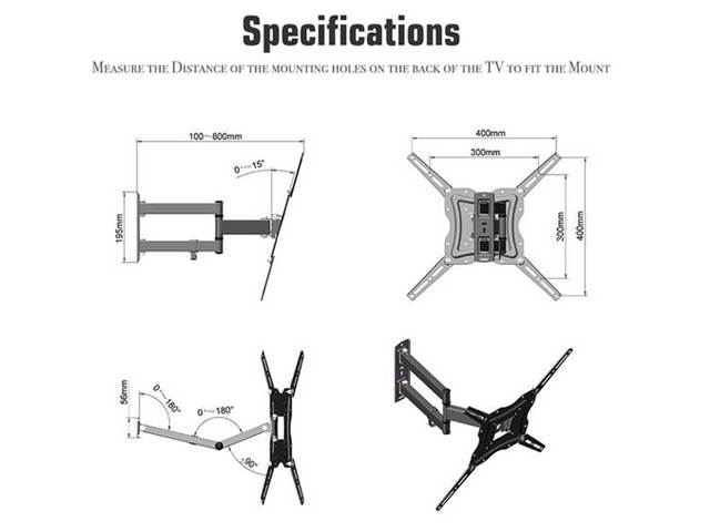 26-55" Adjustable Wall Mount Bracket Rotatable with Spirit Level Load 30kg / Maximum Vesa400 * 400 / Up and Down Adjustable - 5 ~ + 15 &deg; with Rotation 180 &deg;,TM13