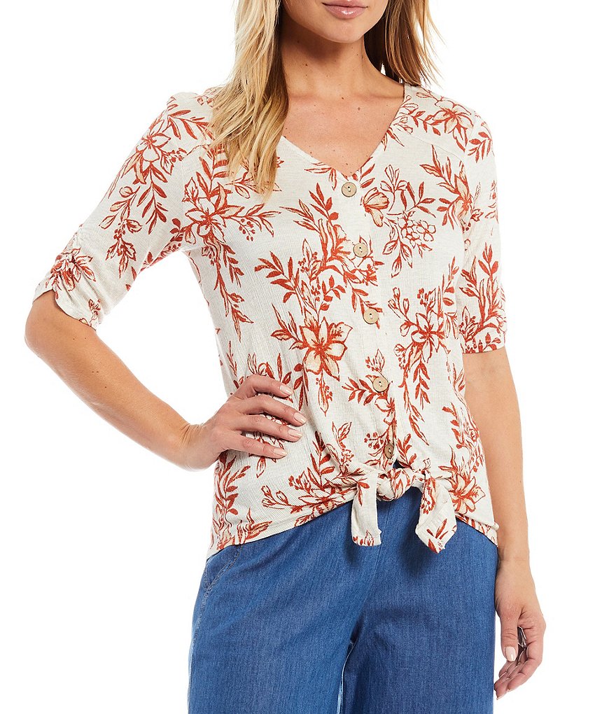 I.N. Studio Petite Size Floral Print Pucker Knit V-Neck Elbow Cinched Sleeve Button Tie-Front Top