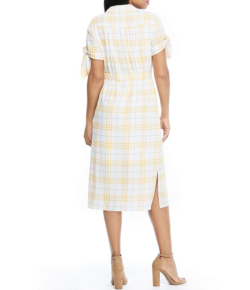 Maggy London Picnic Plaid Tie Sleeve Midi Shirt Dress
