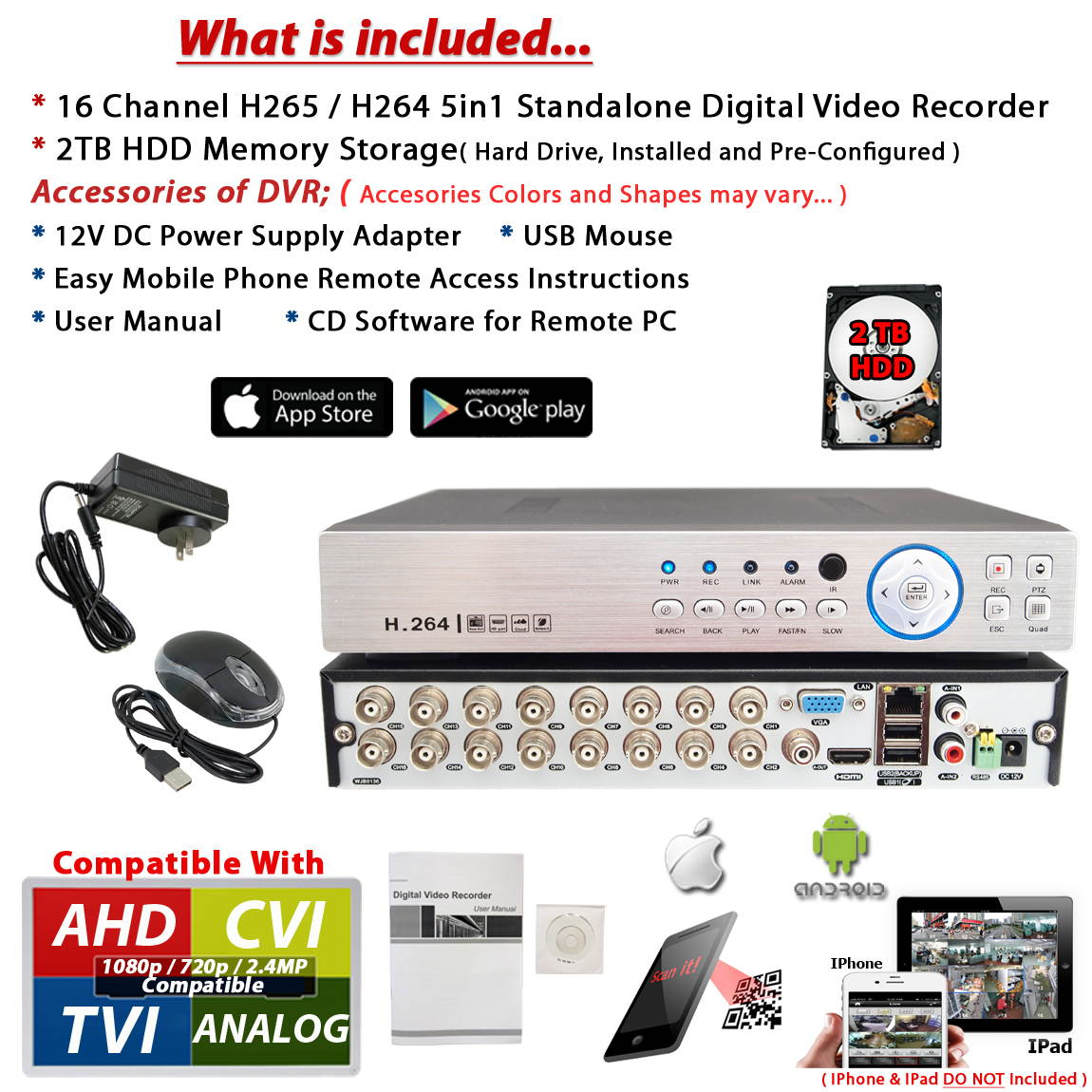 Evertech 16 Channel H.265 HD Standalone DVR 4in1 TVI AHD CVI Analog Easy Remote Access CCTV Home Office Security Surveillance Video Recorder with 2TB Hard Drive Included