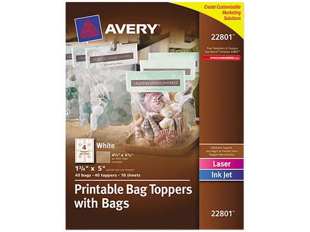 Avery Printable Bag Toppers with Bags, Permanent Adhesive, 1-3/4" x 5", 40 Labels (22801)