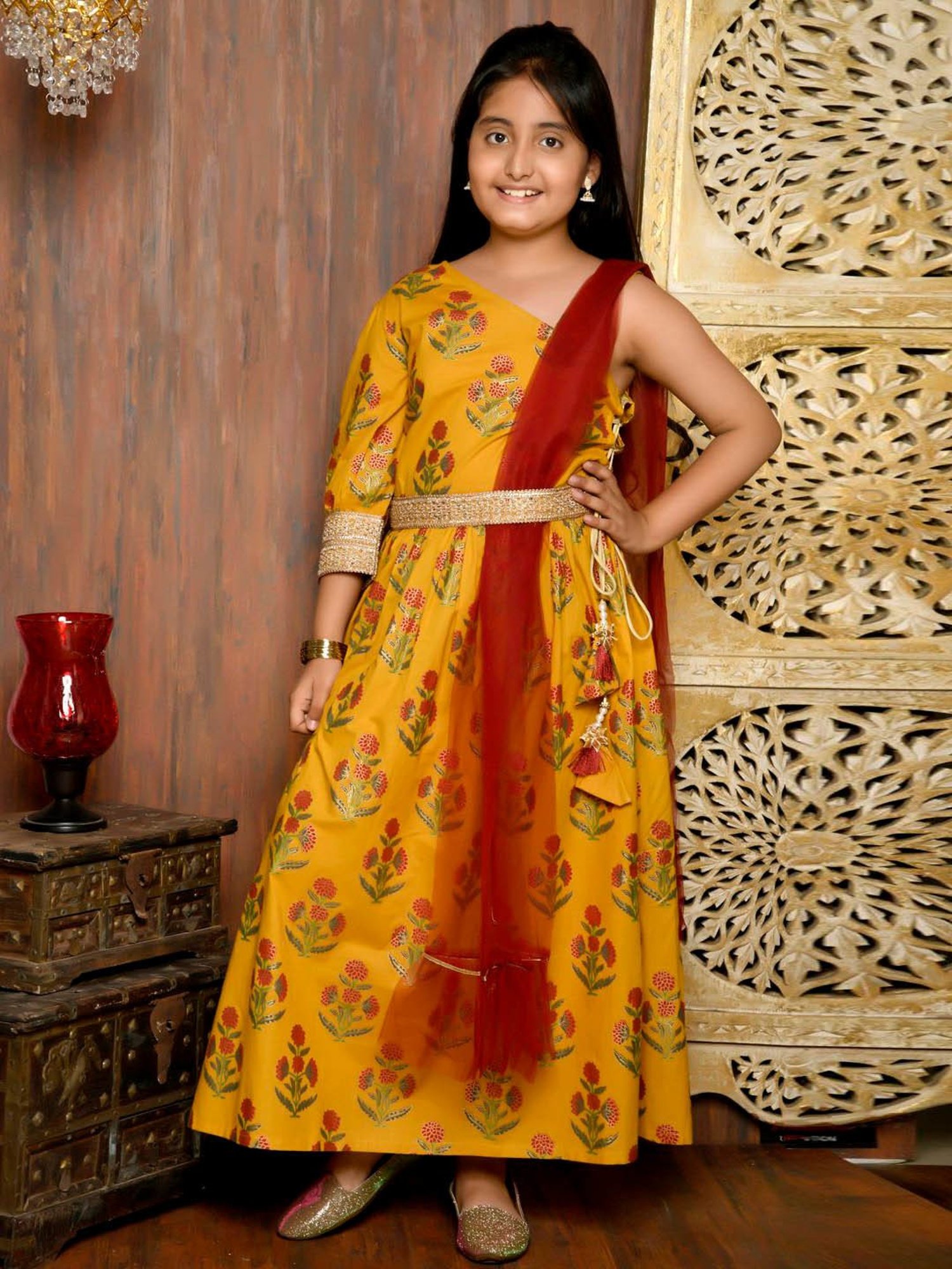 LilPicks Kids Yellow & Red Cotton Printed Full Sleeves Gown