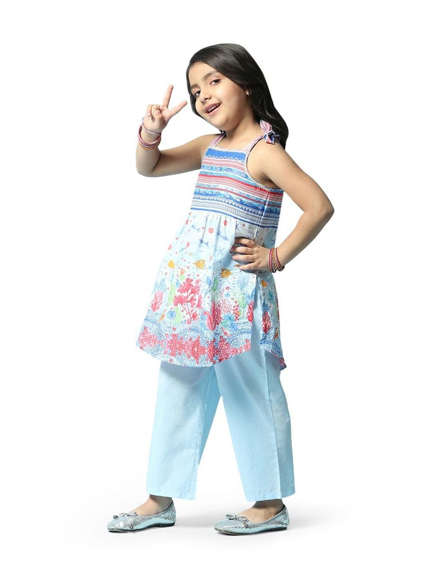 Biba Girls Powder Blue Cotton Printed Kurta Set