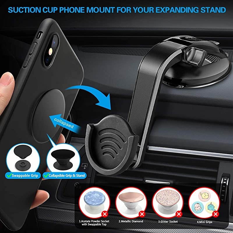 Suction Cup Phone Holder for Socket Users,  Dashboard Car Phone Mount for Collapsible Grip with Adjustable 360&deg;Rotation, Includes 3M Sticky Adhesive Replacement for Expanding Stand - Black