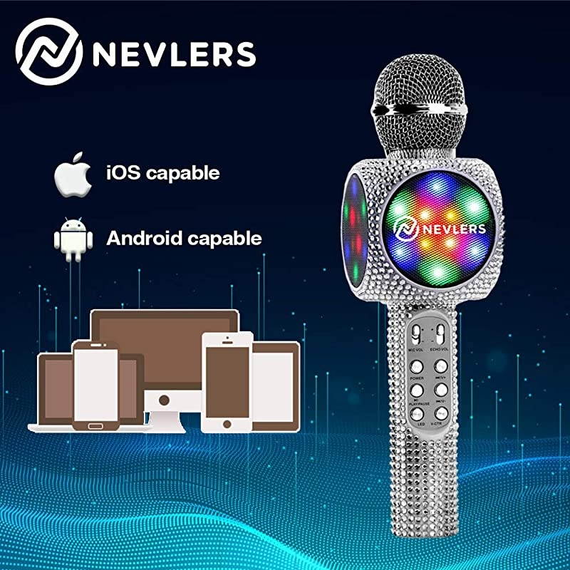 Karaoke Microphone with Wireless Bluetooth Speaker Voice Changer and Colorful LED Lights Easy To Use Portable Karaoke Machine for Kids and Adults SILVER BLING