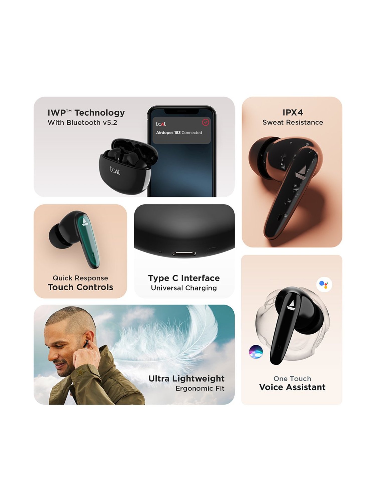 Boat Airdopes 183 TWS Earbuds with Environmental Noise Cancellation (Space Black)