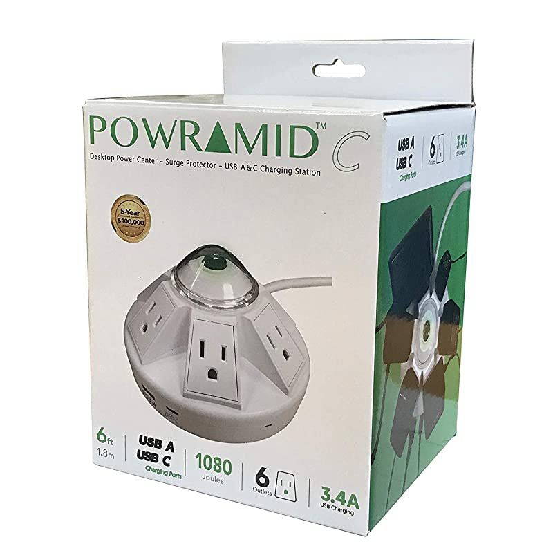 D080B032K Powramid USBC Surge Protector USBC USBA Charging Ports 34A 6 Outlets 6Foot Cord 1080 Joules UL Listed White Grounded Extension Cord Power Strip