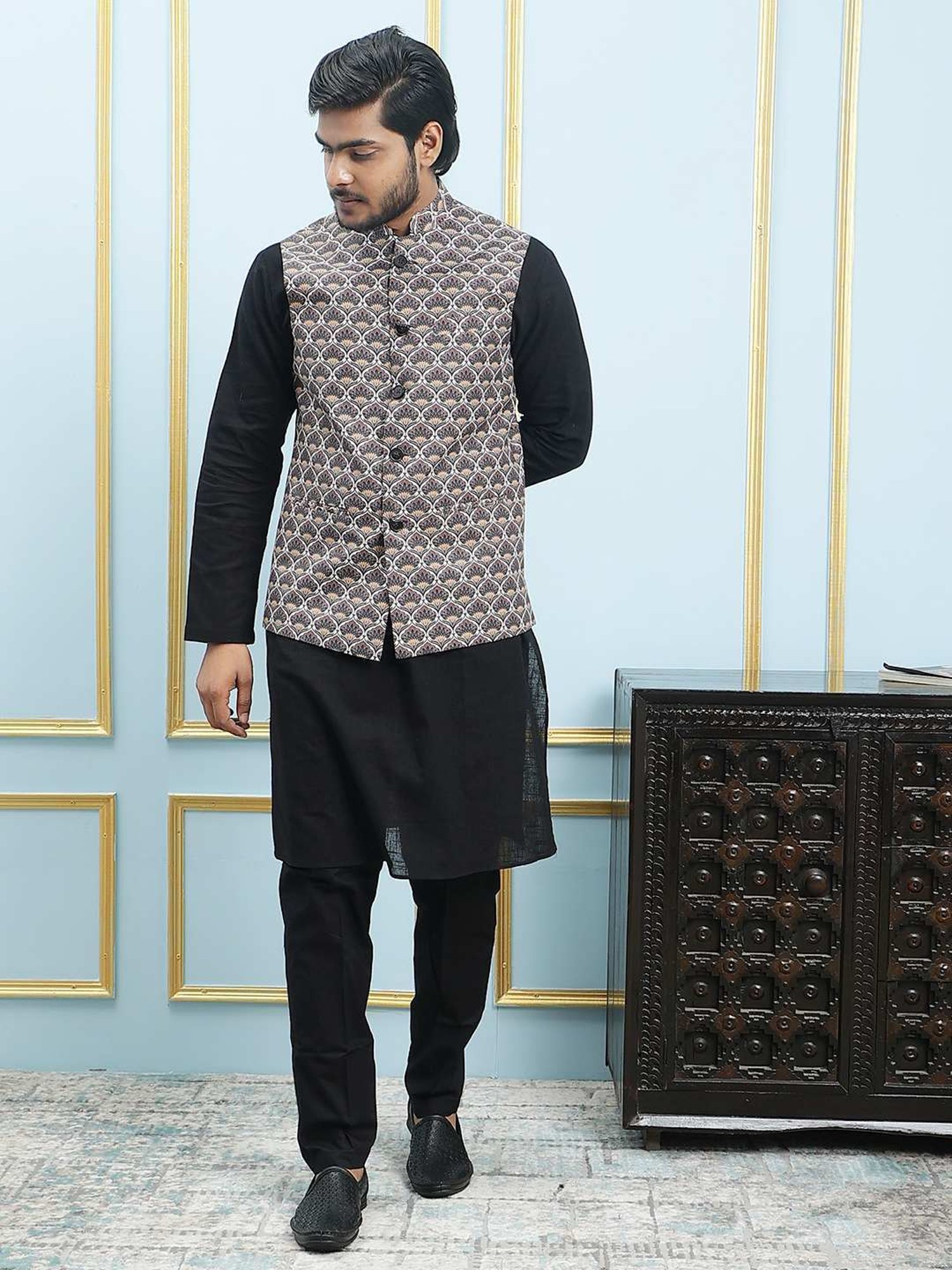See Designs Black Slim Fit Printed Nehru Jacket