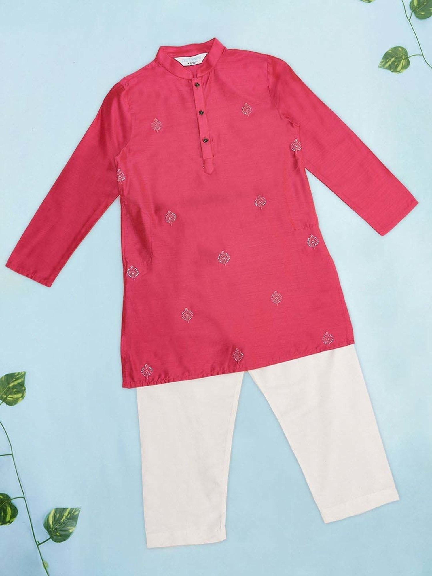 Indus Route by Pantaloons Kids Pink & White Embroidered Full Sleeves Kurta Set