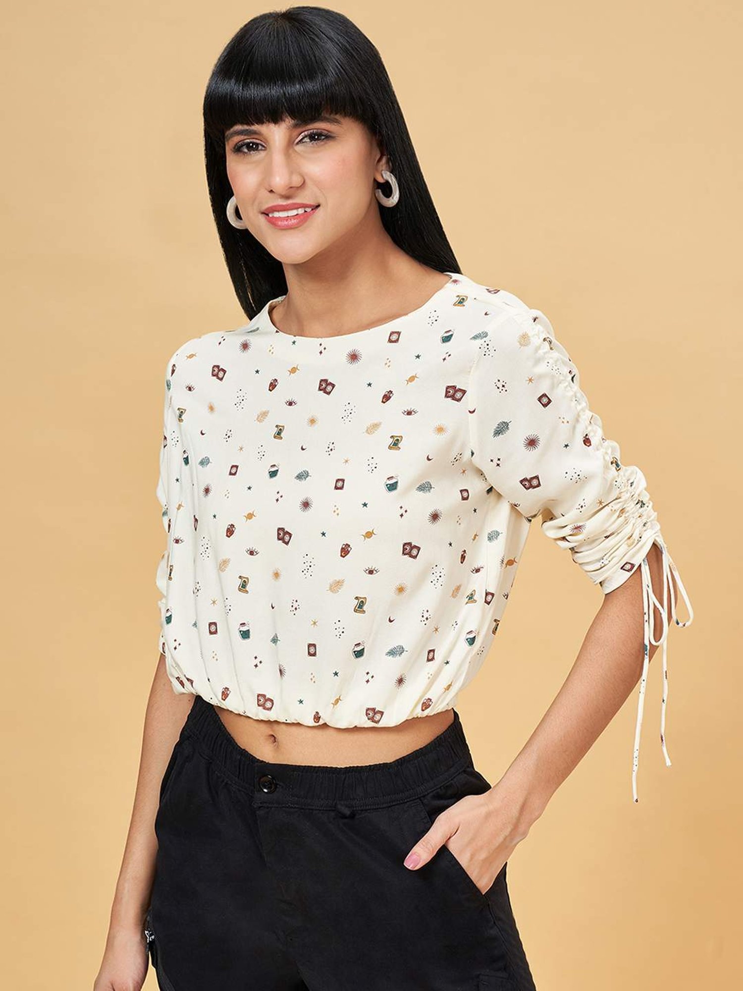 People by Pantaloons Whisper White Printed Crop Top