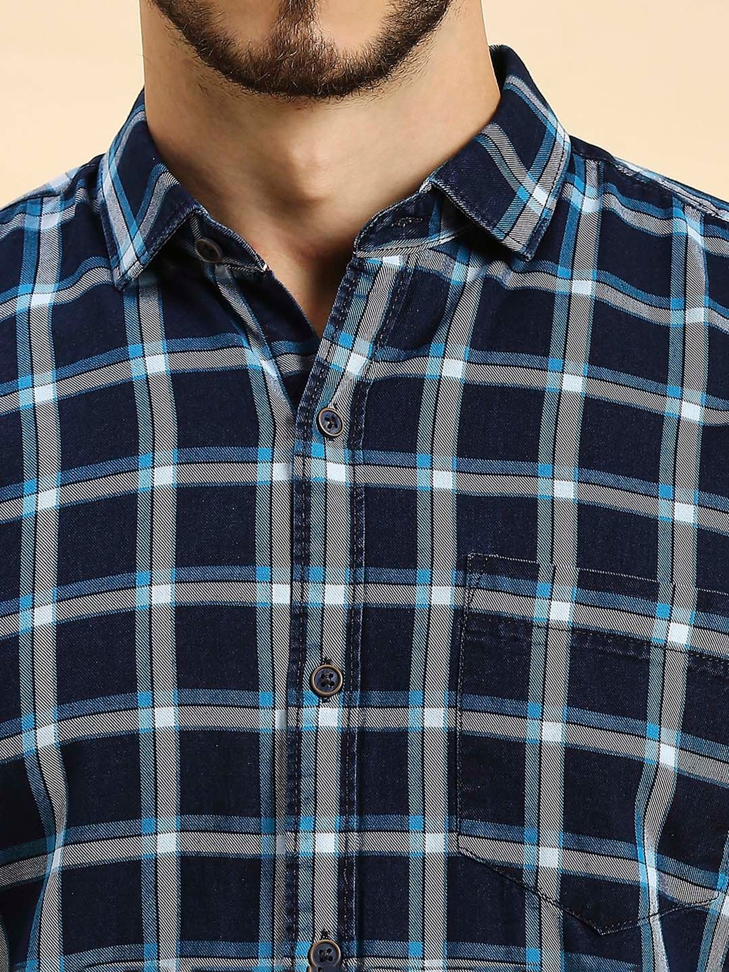 HJ HASASI Navy Slim Fit Check Cotton Shirt