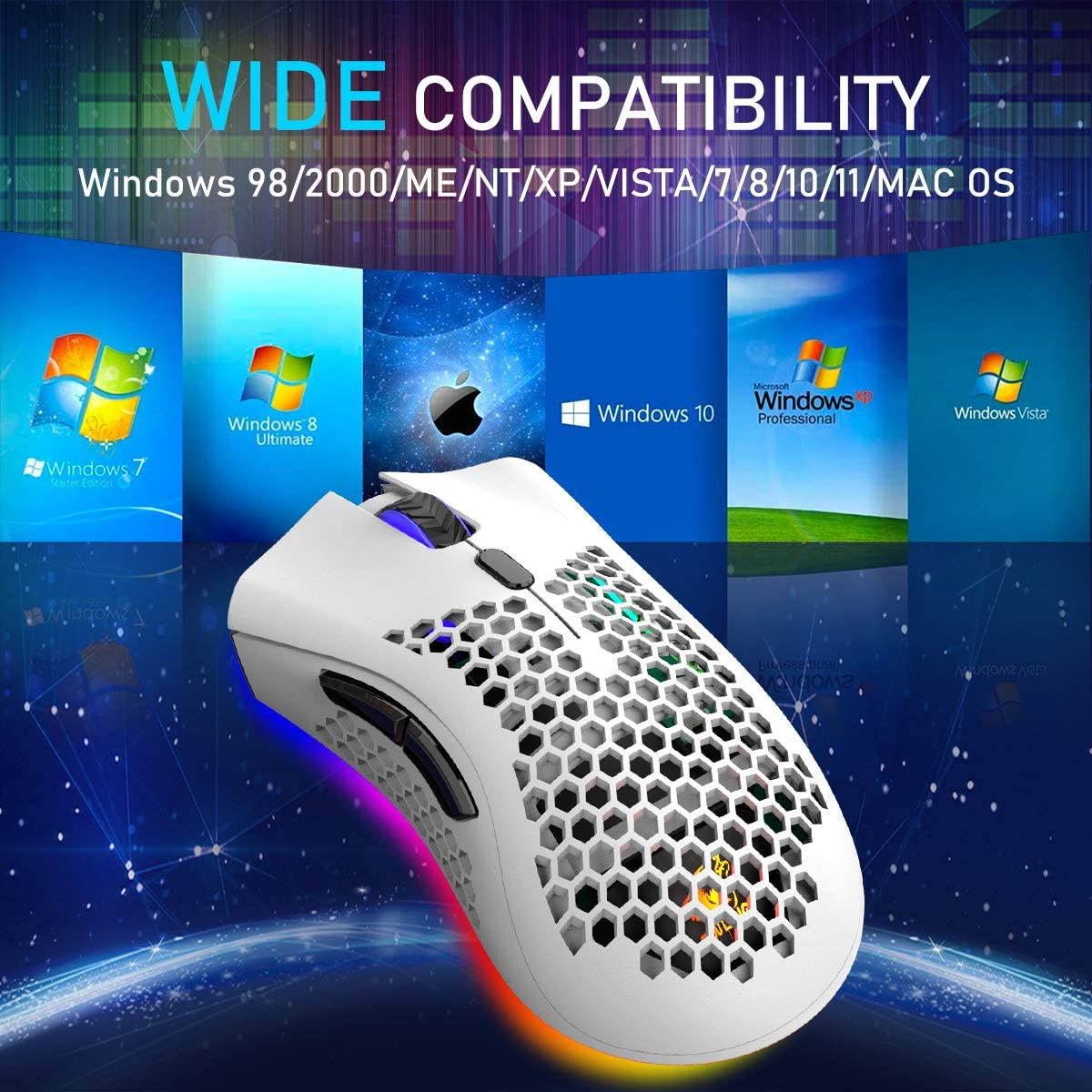 Wireless Lightweight Gaming Mouse Honeycomb with 7 Button Multi RGB Backlit Perforated Ergonomic Shell Optical Sensor Adjustable DPI Rechargeable 800 mAh Battery USB Receiver for PC Mac Gamer