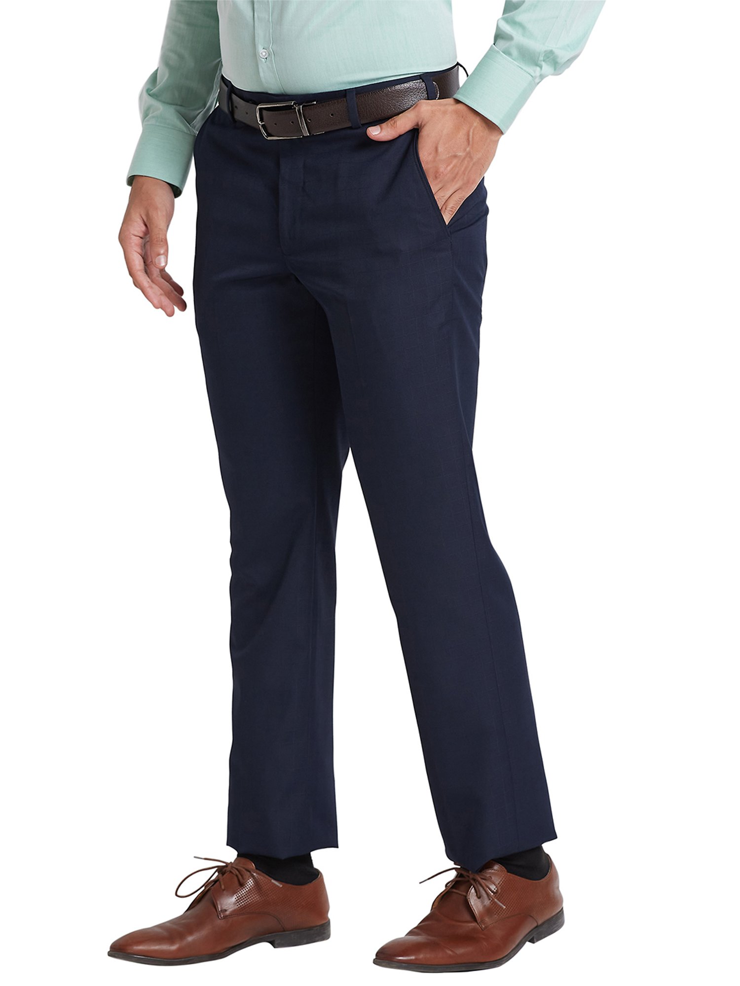 Park Avenue Navy Regular Fit Check Flat Front Trousers