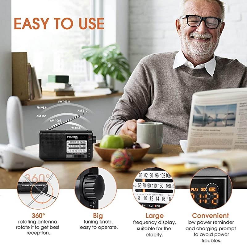 J01 Transistor Radio Battery Operated AM FM Radio Excellent Reception 2200mAh Rechargeable Battery TF Card MP3 Player