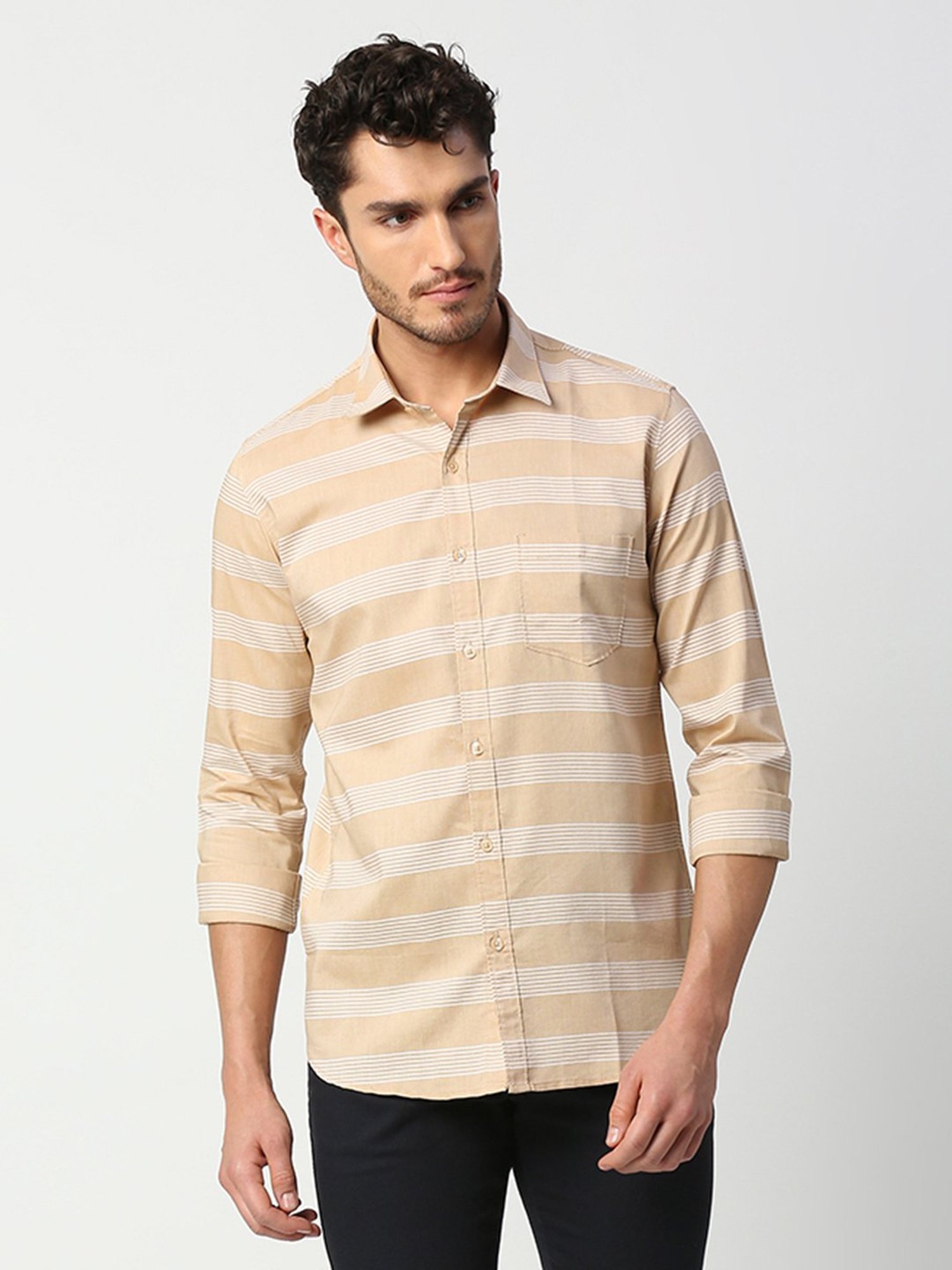 SOLEMIO Beige Slim Fit Striped Shirt
