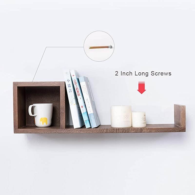 Square Cube U Shaped Wall Mounted Shelf, Storage Hanging Shadow Box Shelves Floating Bookshelves Organizer CD Photo Rack Display Case for Bedroom Living Room Office(Walnut, Right)