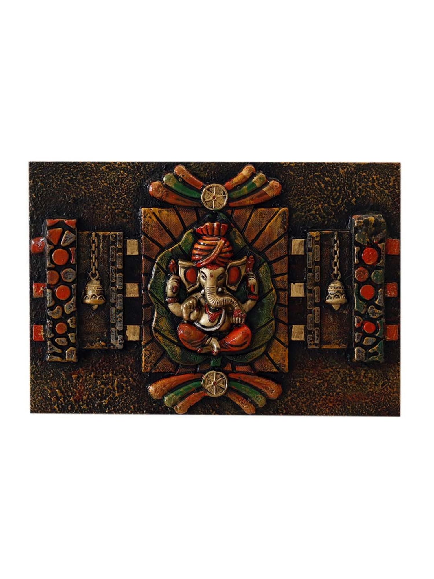 Unravel India 'Meditating Ganesha' Multicolor Wooden  Wall Showpiece - Set of 1