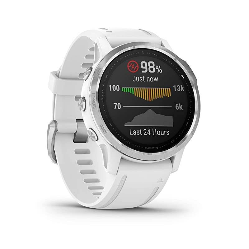 Garmin Fenix 6S Smaller-Sized Multisport GPS Watch with Wrist-Based Heart Rate Pulse Ox and  Ultimate Power Bundle (Standard/White with White Band)