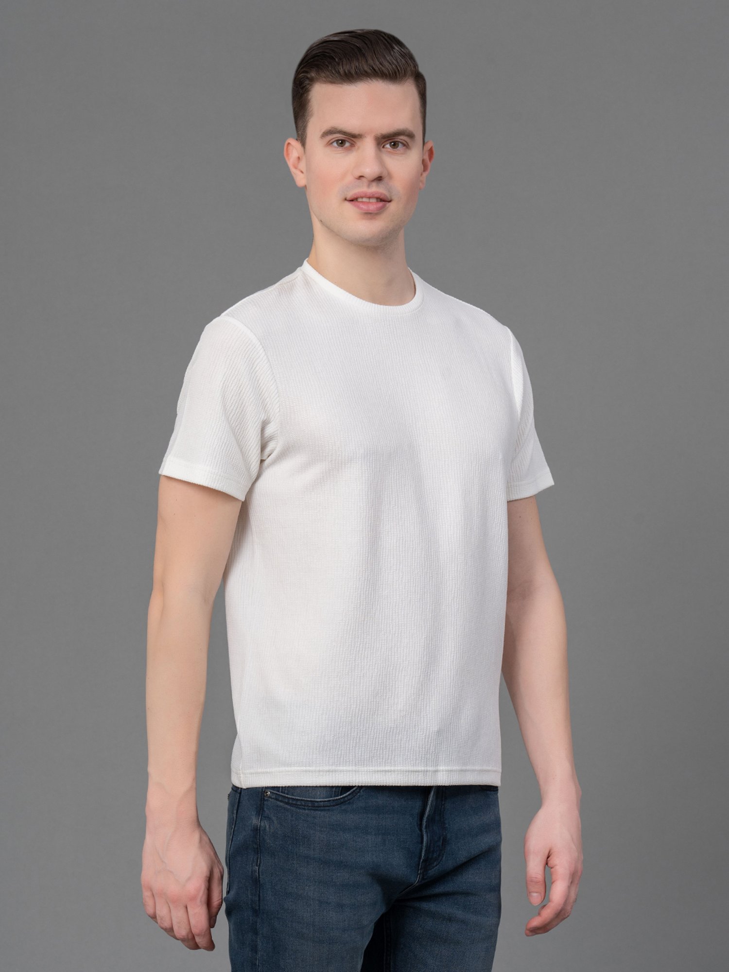 Red Tape White Regular Fit Self Design Crew T-Shirt