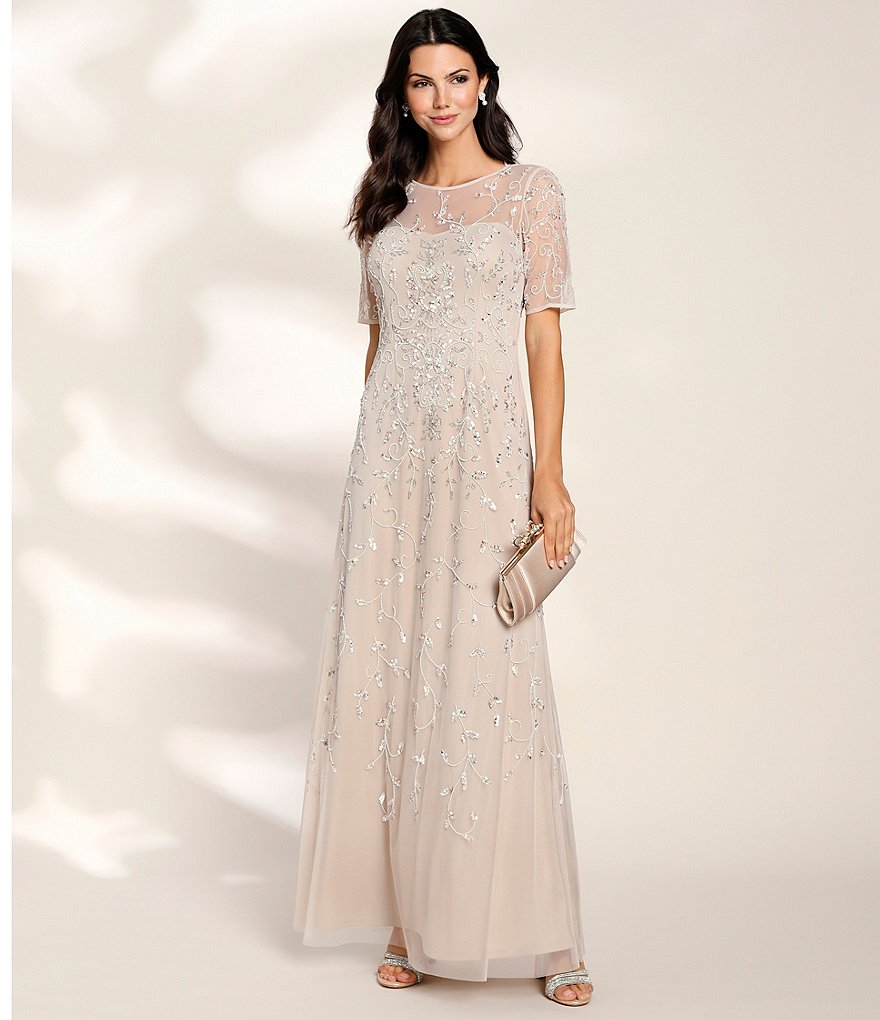 Adrianna Papell Beaded Illusion Jewel Neck Elbow Sleeve Gown