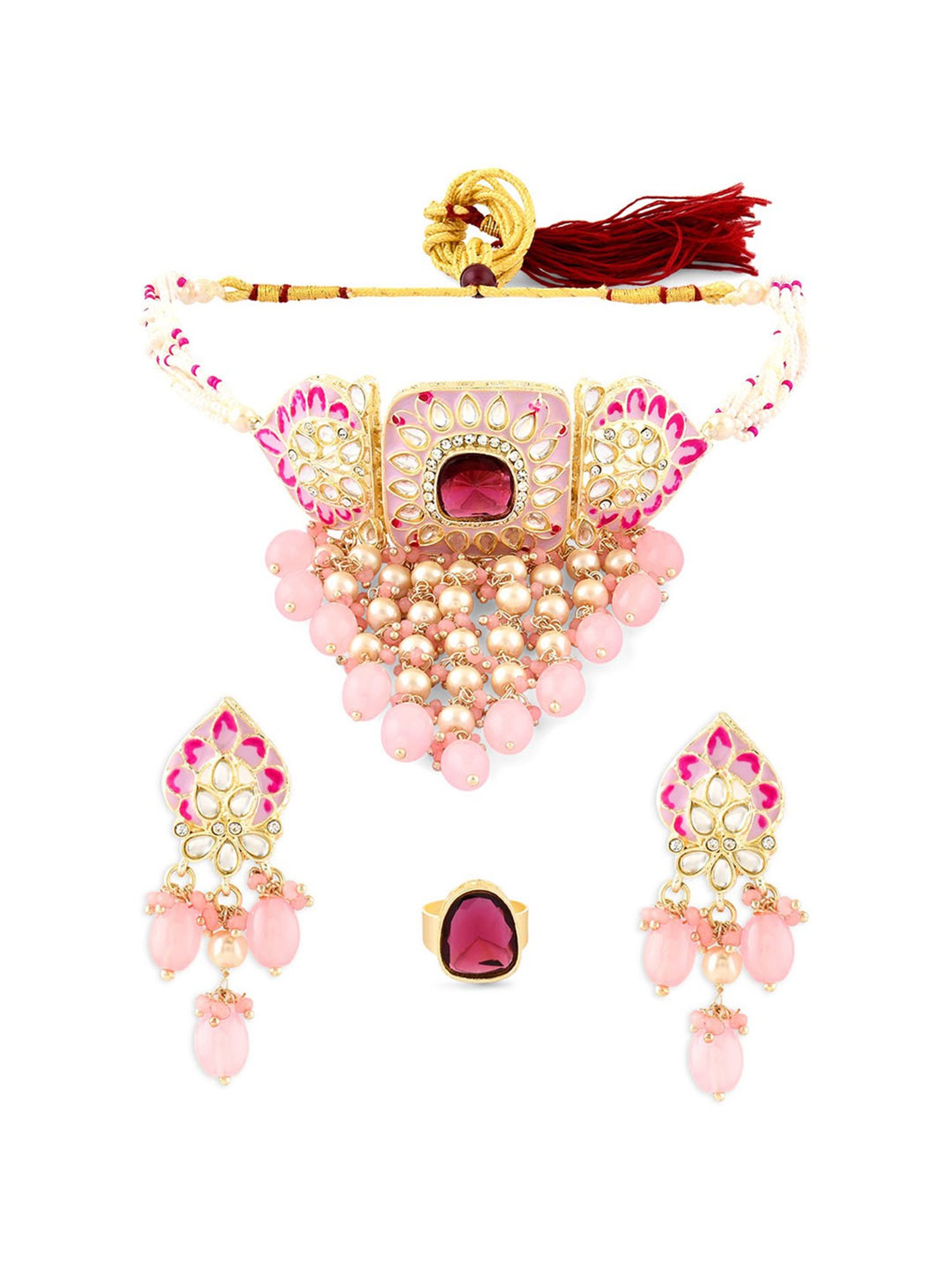 Zaveri Pearls Pink Meenakari Cascading Waterfall Choker Necklace Earring & Ring Set-ZPFK15895
