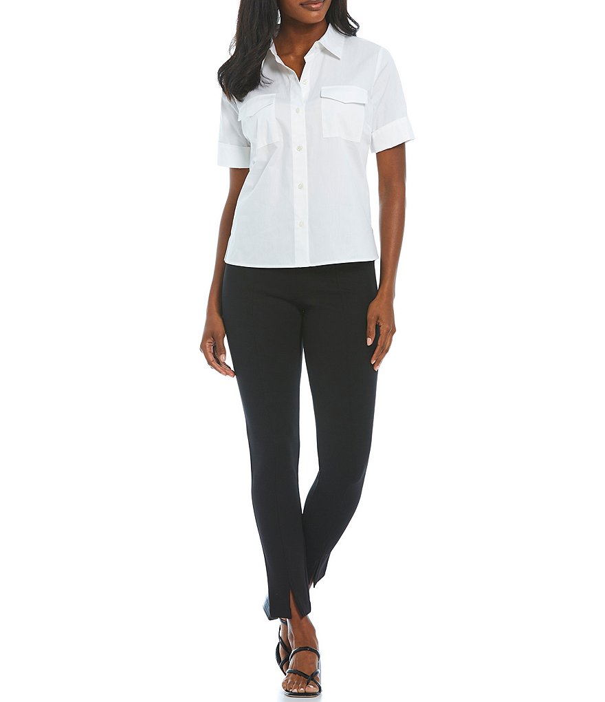 Donna Karan New York Short Cuff Sleeve Point Collar Neck Button Front Camp Shirt