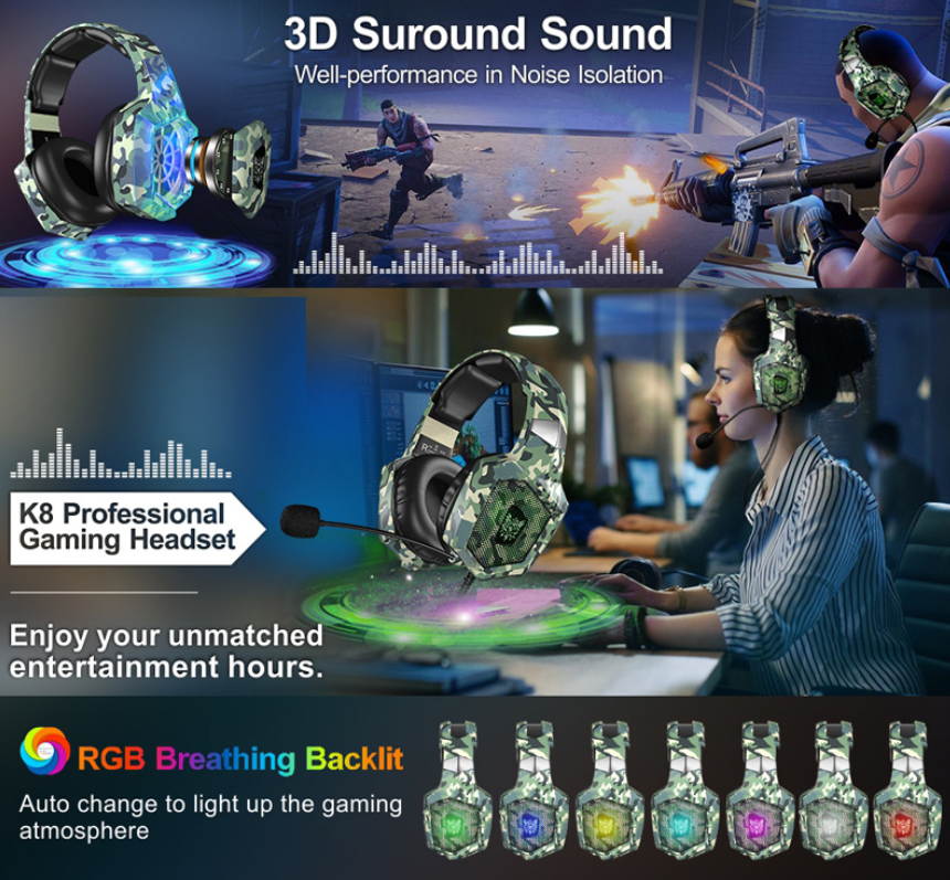 K8 head-mounted camouflage gaming headset luminous student computer PS4 headset color change brightness headphones speakers