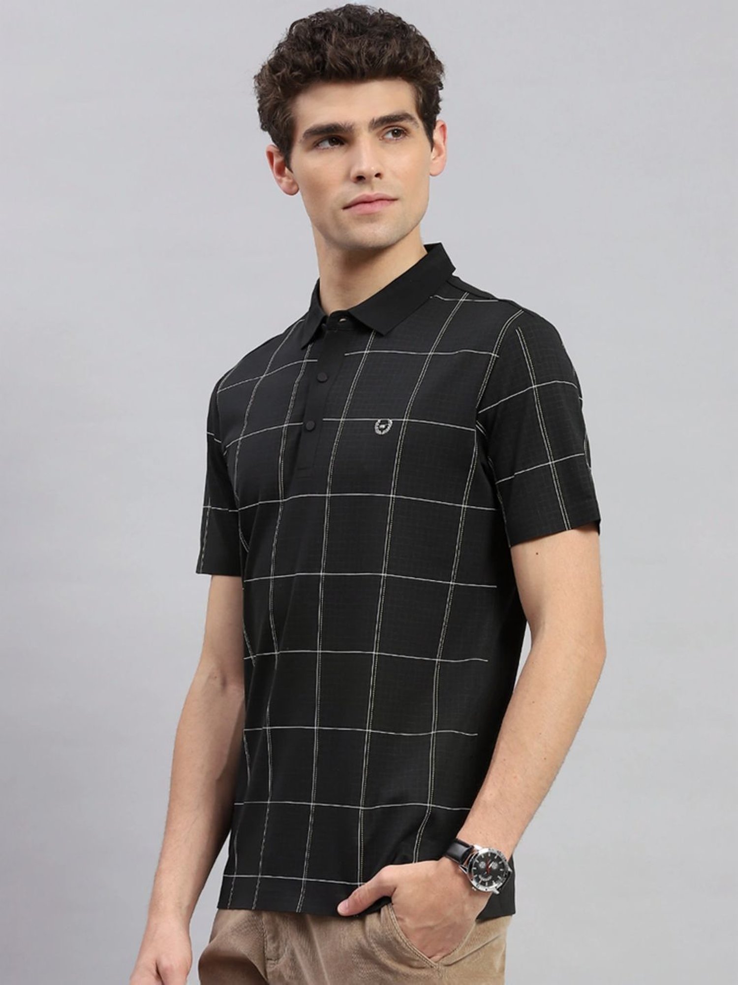 Monte Carlo Black Regular Fit Checks Polo T-Shirt