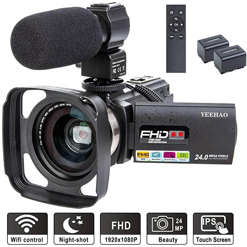 Camcorder Video Camera  WiFi HD 1080P 24MP 16X Powerful Digital Zoom Camera with Microphone and Wide Angle Lens Remote Control Lens Hood Infrared Night Vision YouTube Vlogging Camera Recorder