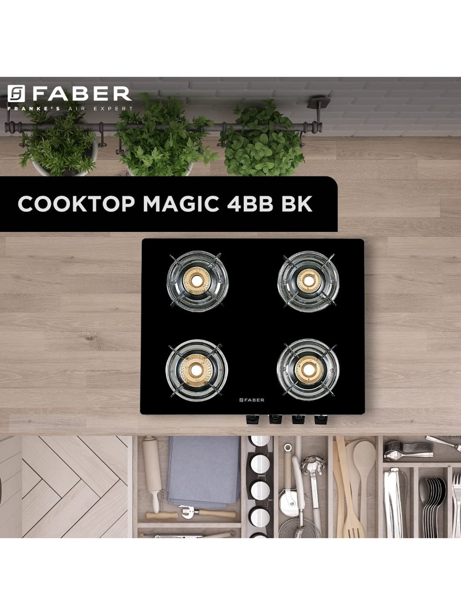 Faber Glass Top 4 Burner Gas Stove with Jumbo Burner, Powder Coated Pan Support (Black)