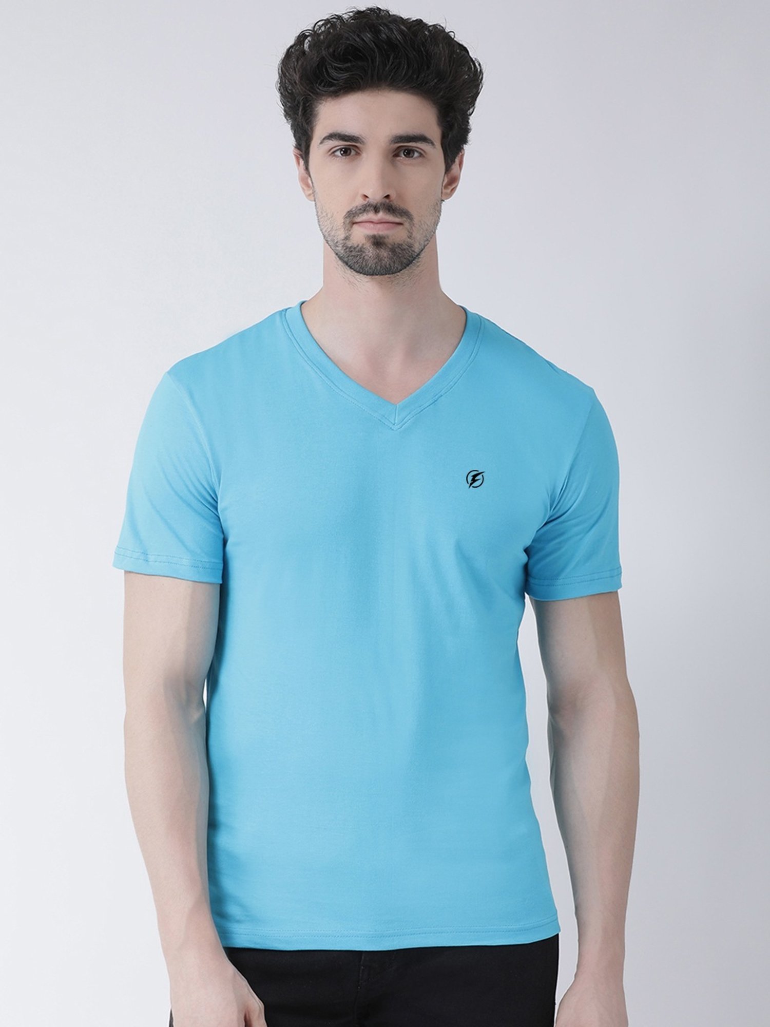 Friskers Grey & Turquiose Blue Cotton Slim Fit T-Shirt