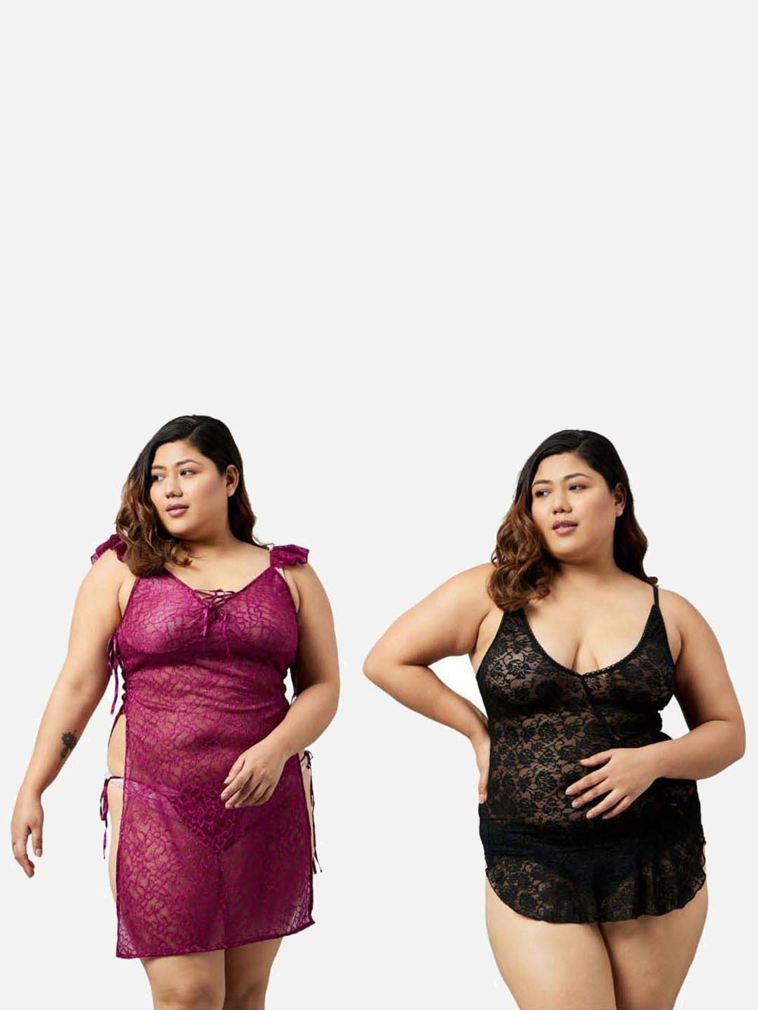 Secrets By ZeroKaata Purple & Black Lace Work Babydoll With Panty - Pack Of 2