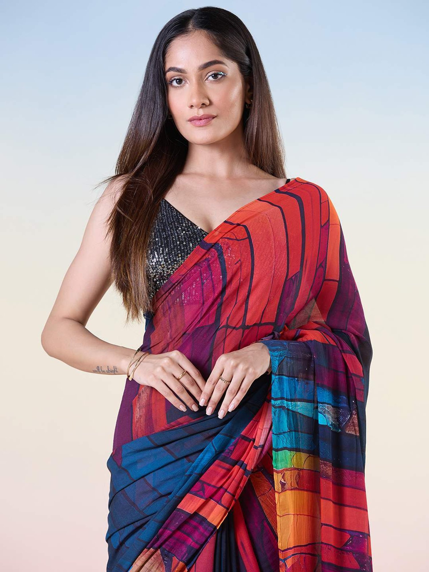 navyasa by liva Navy & Red Printed Saree With Unstitched Blouse