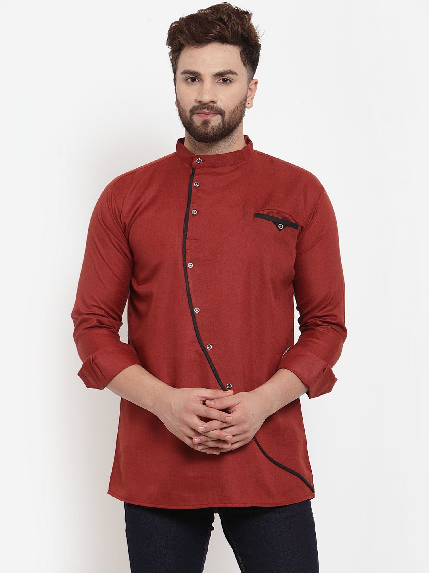 Benstoke Maroon Regular Fit Straight Short Kurta