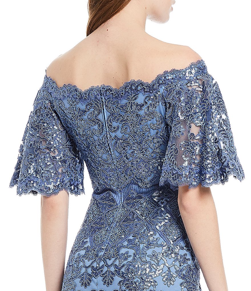 Tadashi Shoji Off-the-Shoulder Sequin Lace Scalloped Hem Gown