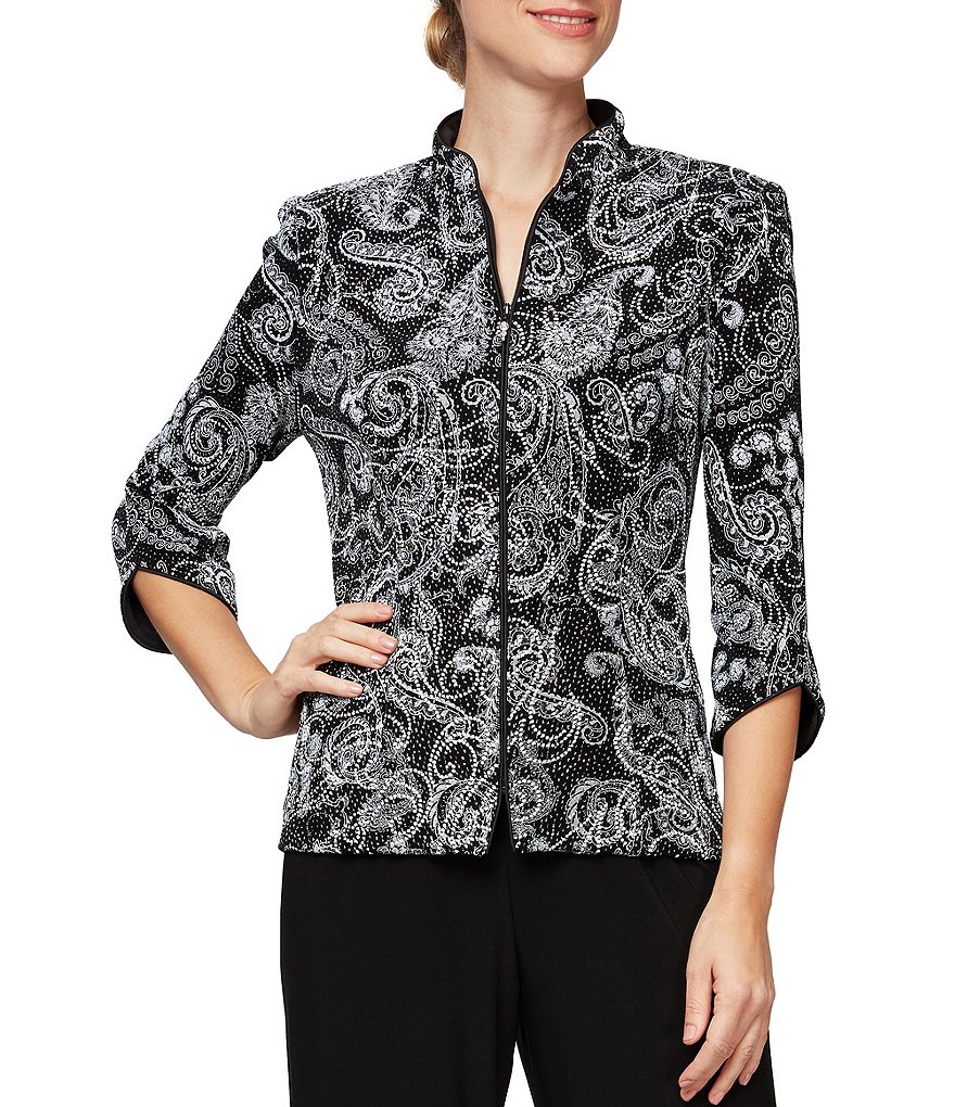 Alex Evenings Petite Size Mandarin Collar Zip Front Stretch Glitter Knit Jacket