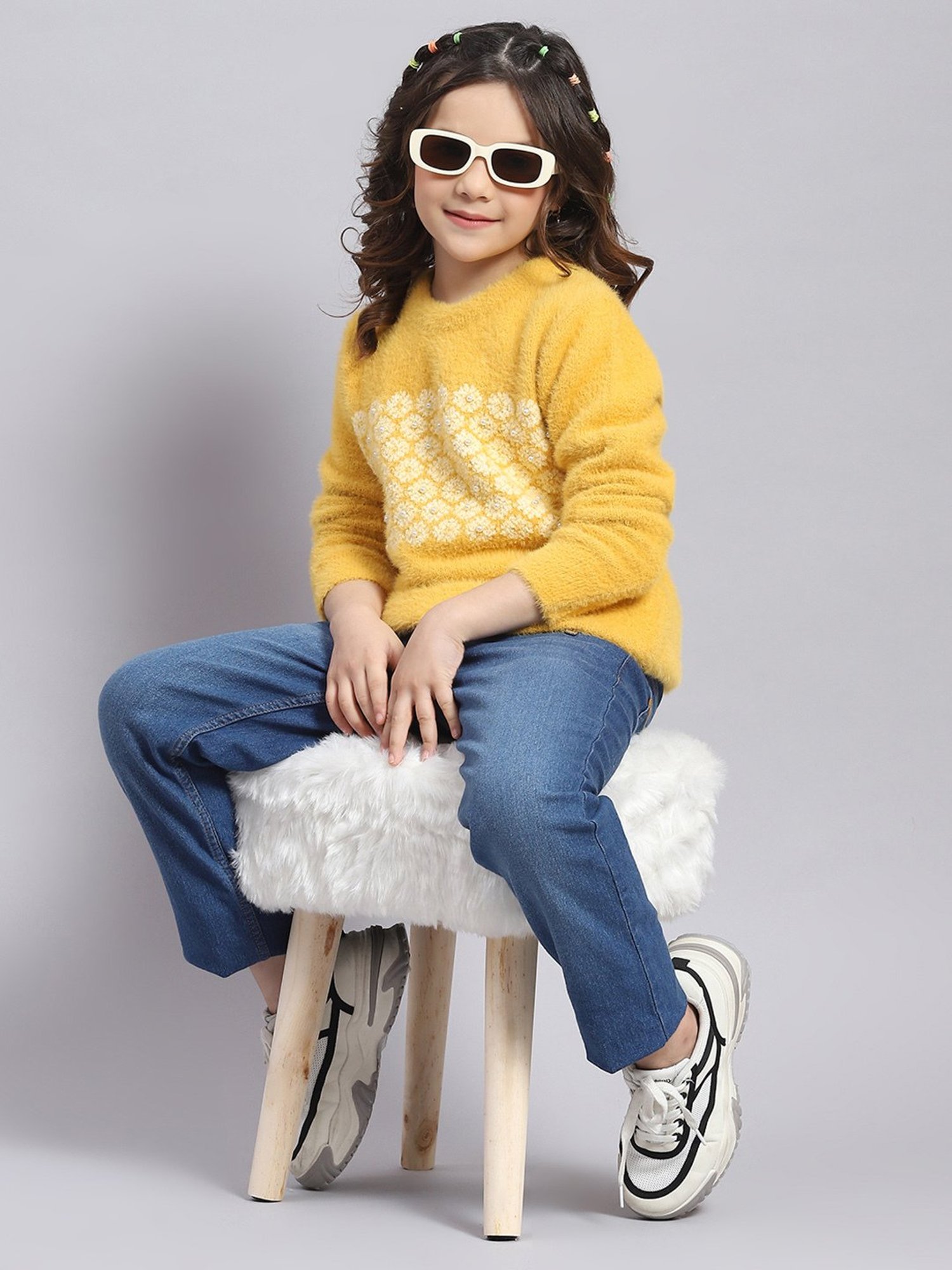 Monte Carlo Kids Mustard Self Design Full Sleeves Sweater