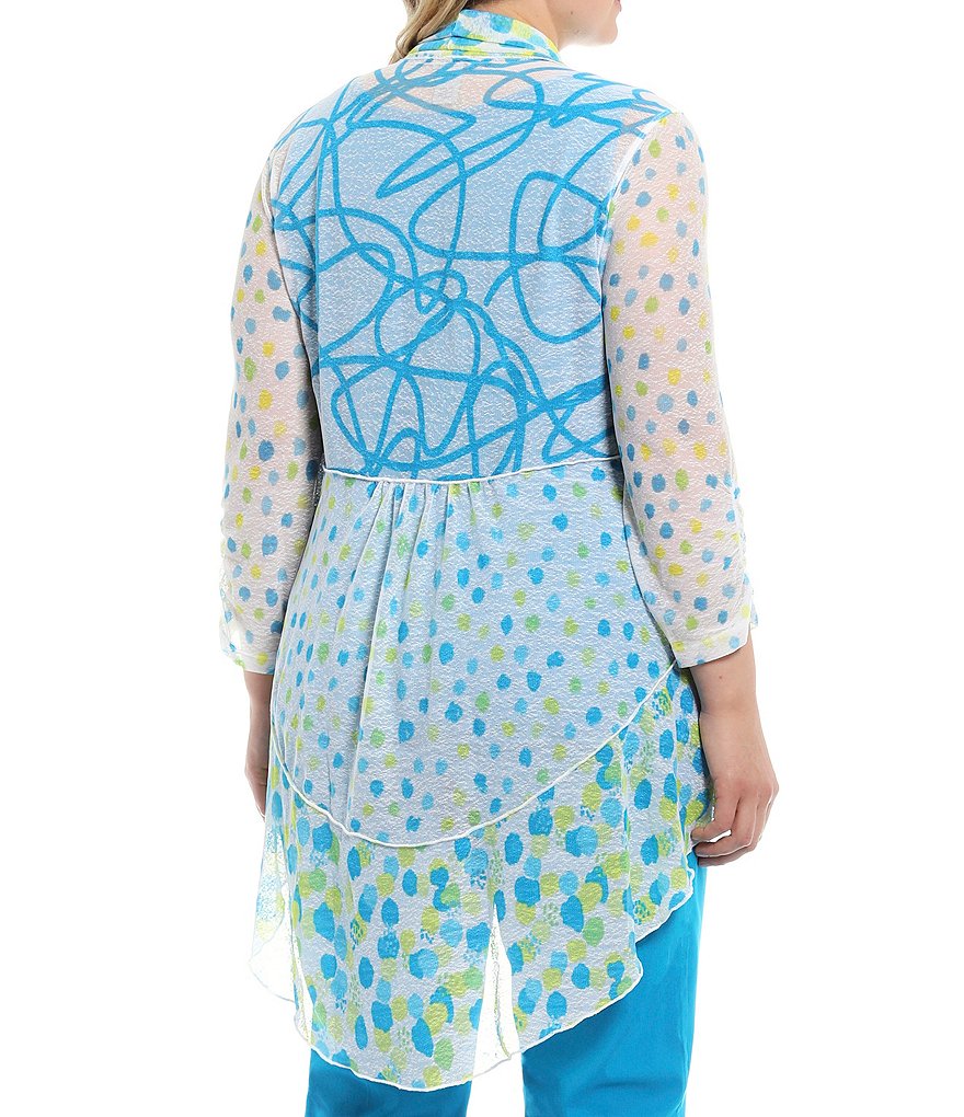 Multiples Plus Size Dots & Squiggles Print Onionskin 3/4 Bungee Sleeve Open-Front Hi-Low Drapey Jacket