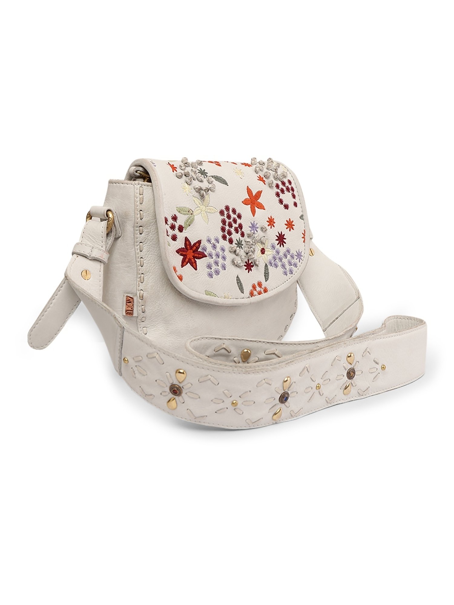 Art N Vintage Floral Bliss White Leather Embroidered Small Sling Handbag