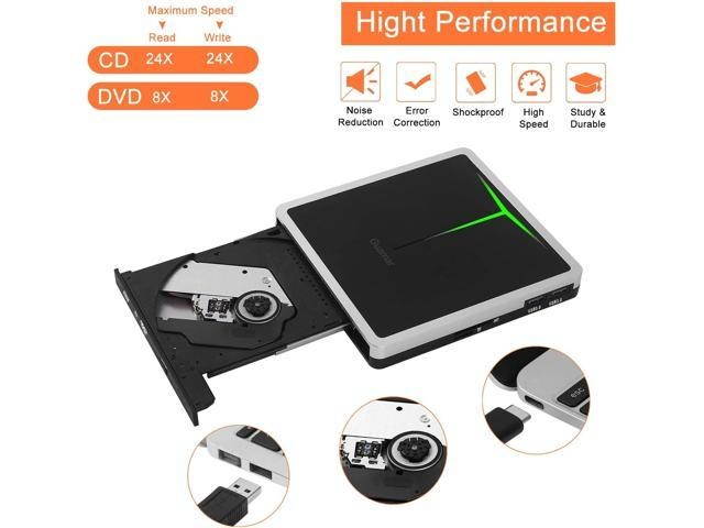 External CD DVD Drive Guamar 5 in 1 USB 3.0 USB C CD DVD Drive CD Player Burner Writer Optical Drive Compatible with Laptop/MacBook/Windows/PC Supports SD Card/TF Card/2 USB 3.0 Transfers (Silver)