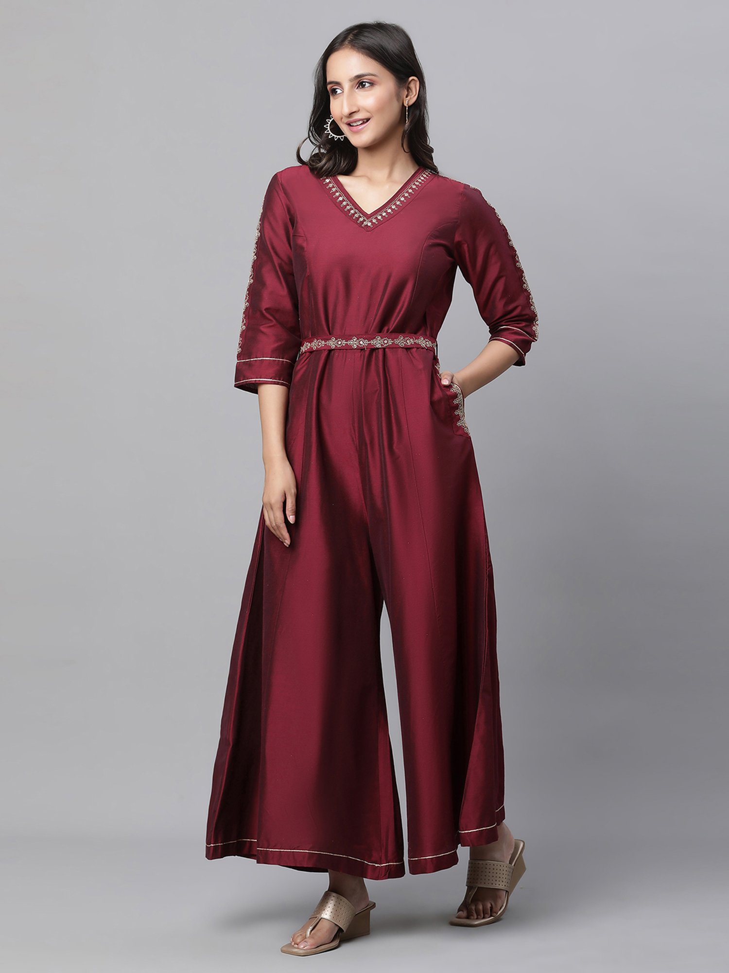 Aurelia Maroon Embroidered Jumpsuit