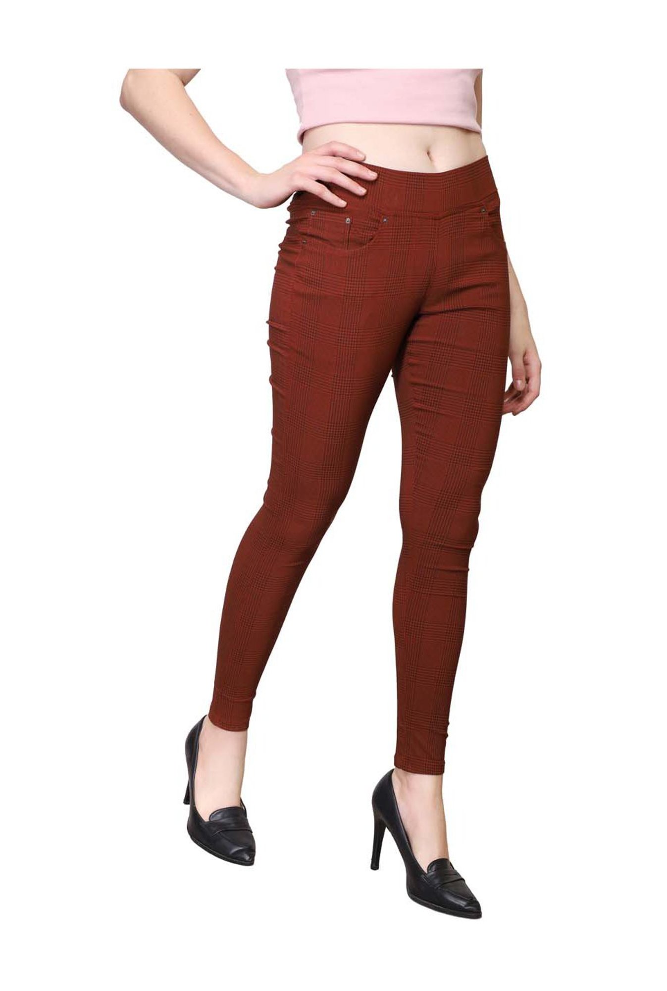 Westwood Maroon Skinny Fit Chequered Jeggings