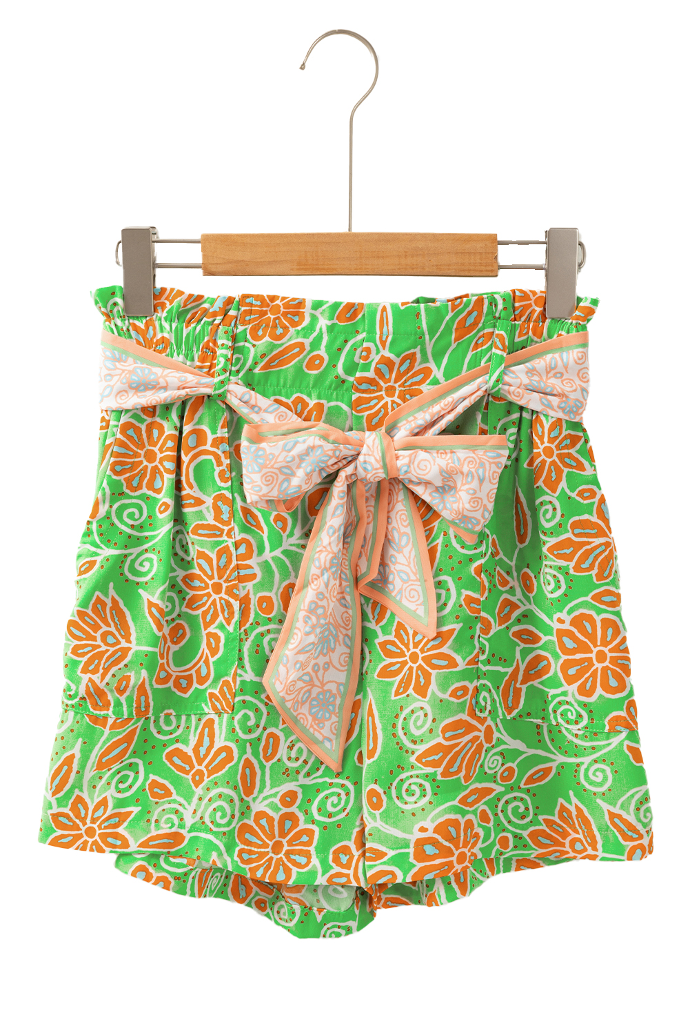 Green Floral Print Pocketed Front Knot High Waist Shorts