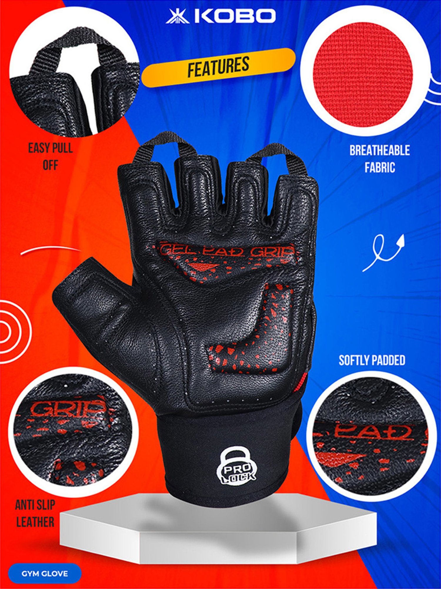 Protoner Gym Gloves with Padded Palm and Wrist Support (Black)