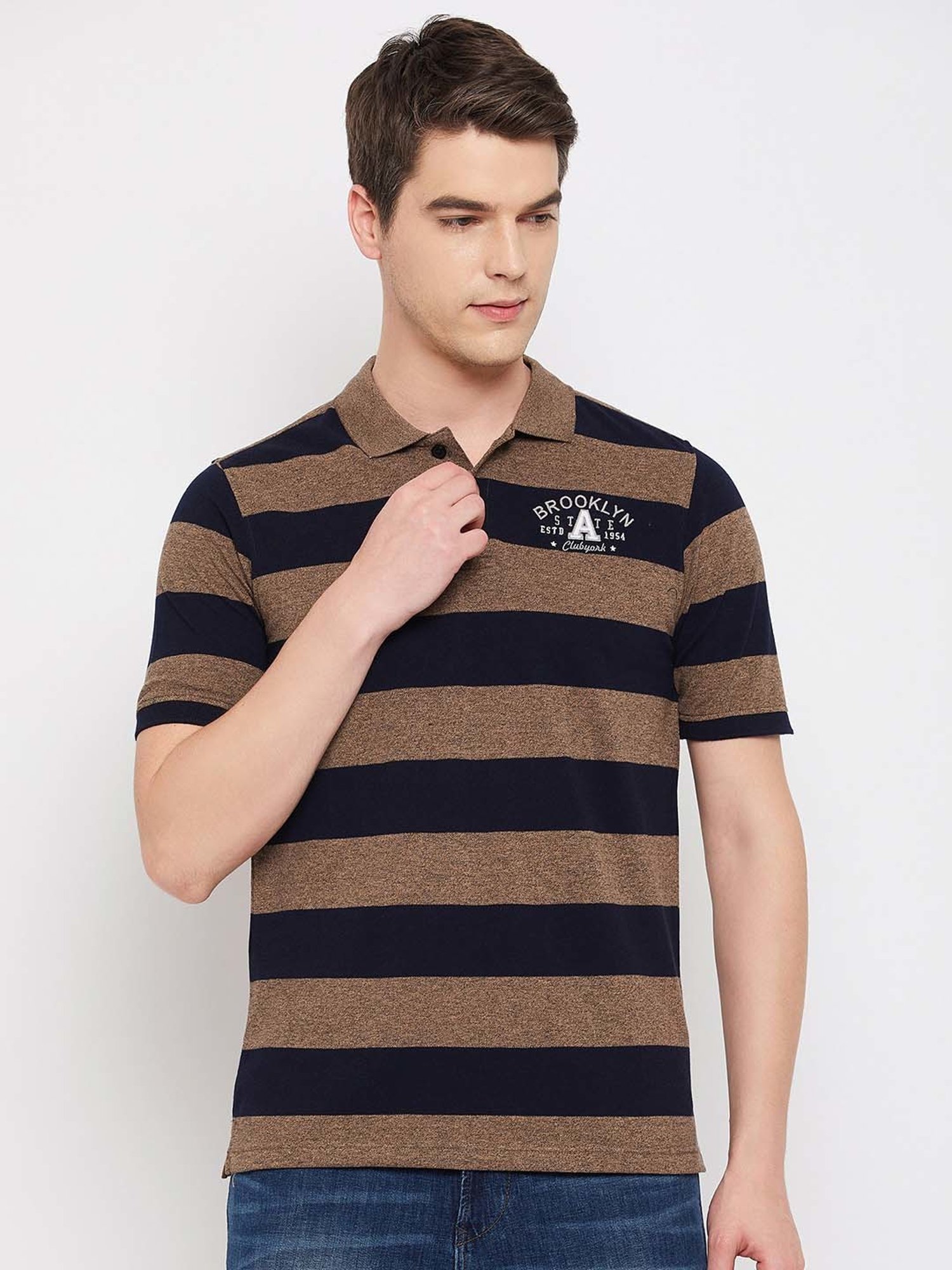 Club York Brown Regular Fit Striped Polo T-Shirt