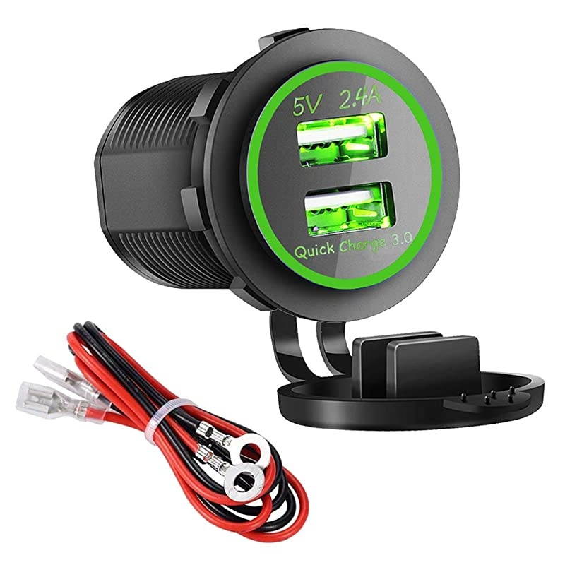 USB Charger Socket Power Outlet - Quick Charge 3.0 & 2.4A Port for Car Boat Marine Rv Mobile with Wire Fuse DIY Kit (QC 3.0 - Green)