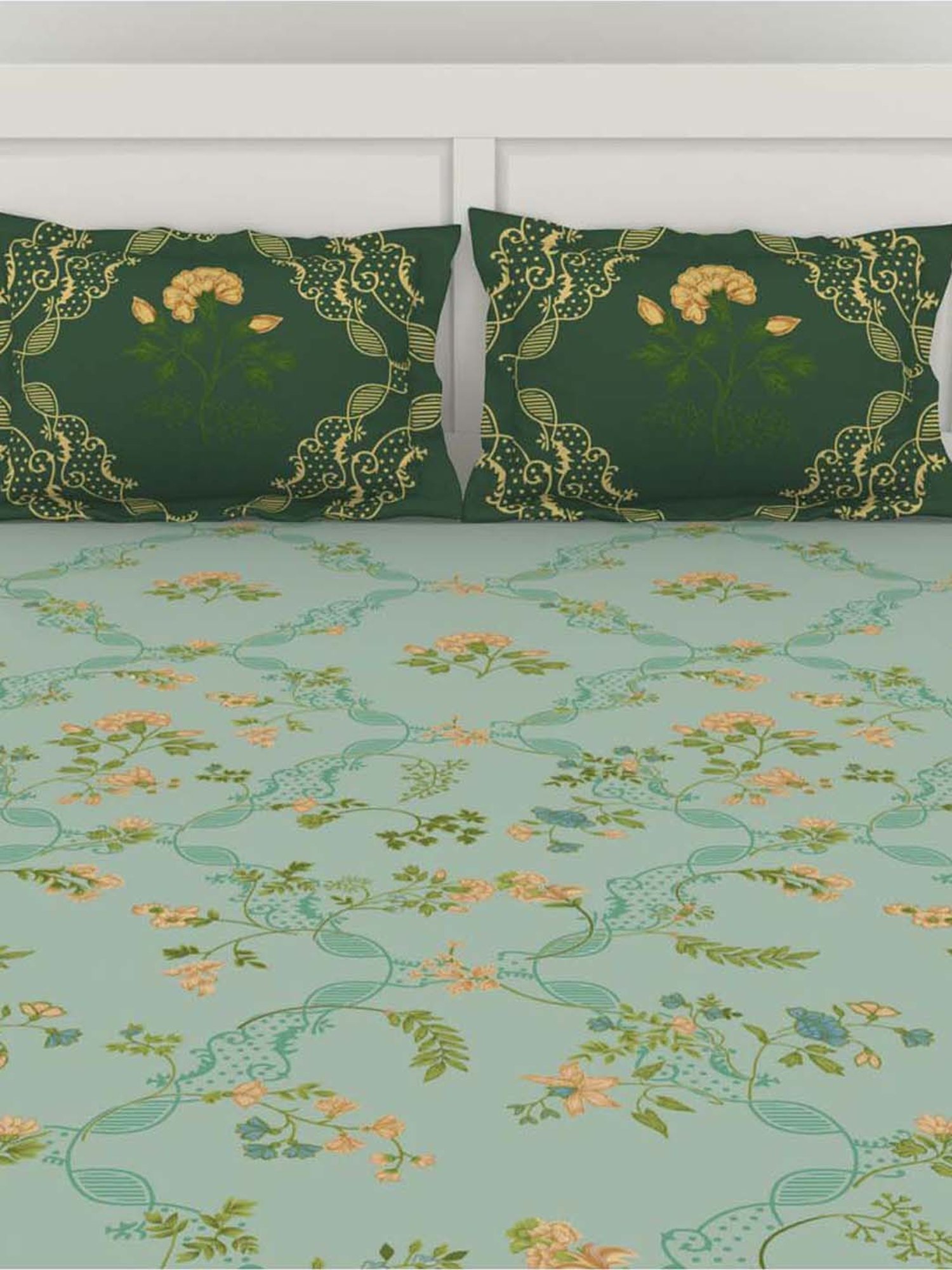 SPACES Lattice Bay Cotton 144 TC Large King Size Bedsheet With Pillow Covers